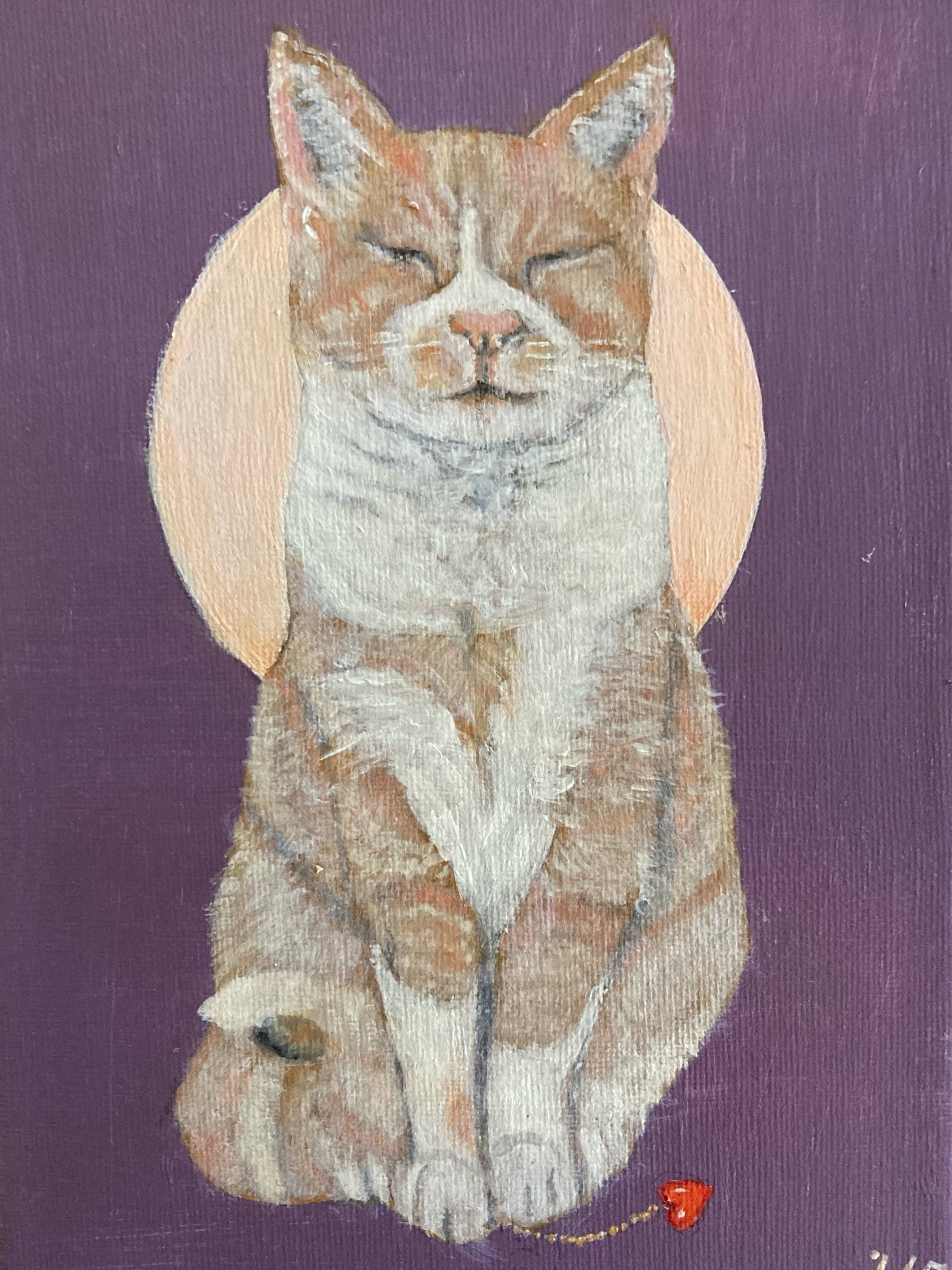 Schilderij van een slapende kat met een hartjeshanger