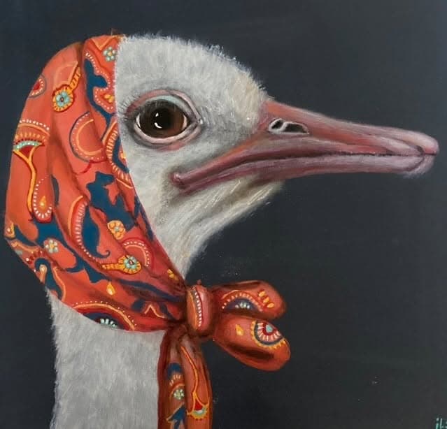 Schilderij van een struisvogel met een sjaal om